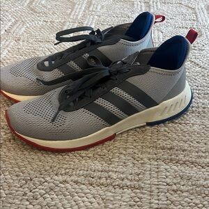 adidas Men’s Gray Mesh Athletic Sneakers with Red & Blue Accents